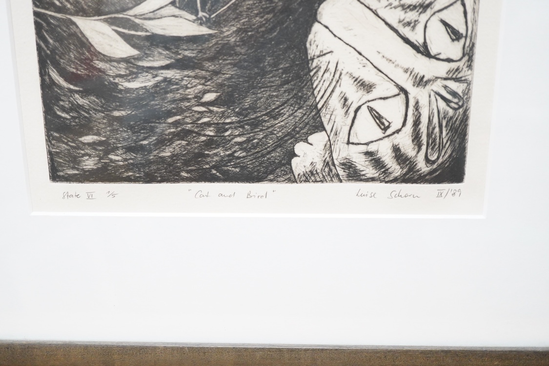 Luise Schorn, 'The cat and bird', signed in pencil, dated '89, limited edition 1/5, state VI, drypoint etching, 24 x 25cm